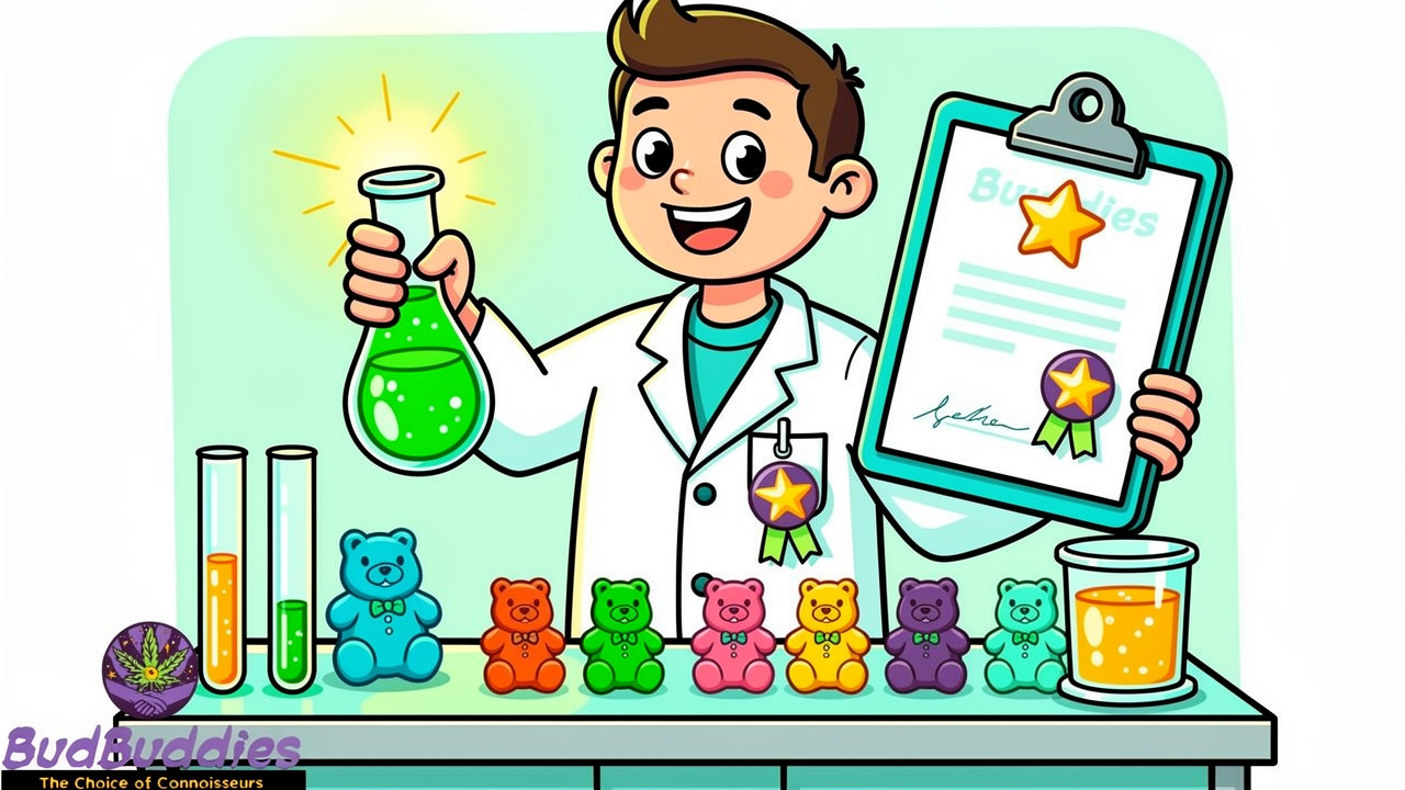 Cartoon scientist testing clean THC gummies in bright lab