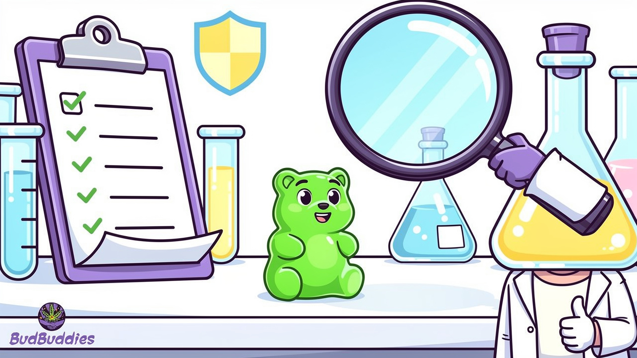 Cartoon lab test checking THC gummy safety quality