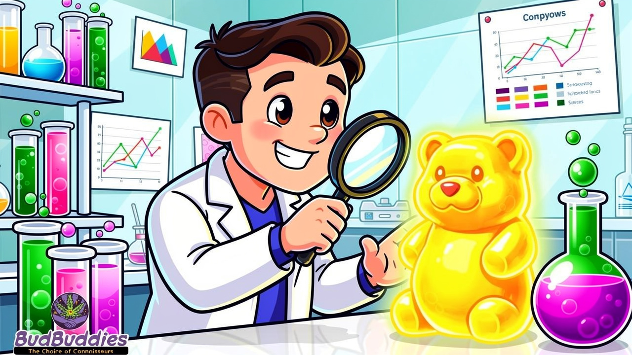 Cartoon scientist examining THC gummy potency in laboratory