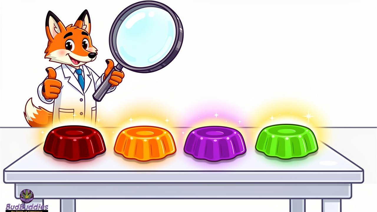 Cartoon scientist testing quality of colourful THC gummies