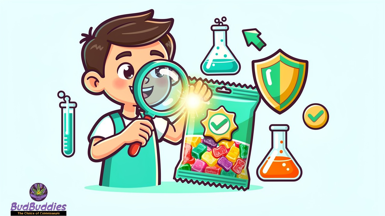 Cartoon student inspecting quality lab-tested THC gummy packaging