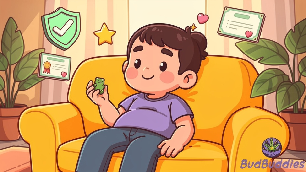 Cartoon person enjoying safe reliable THC gummy at home