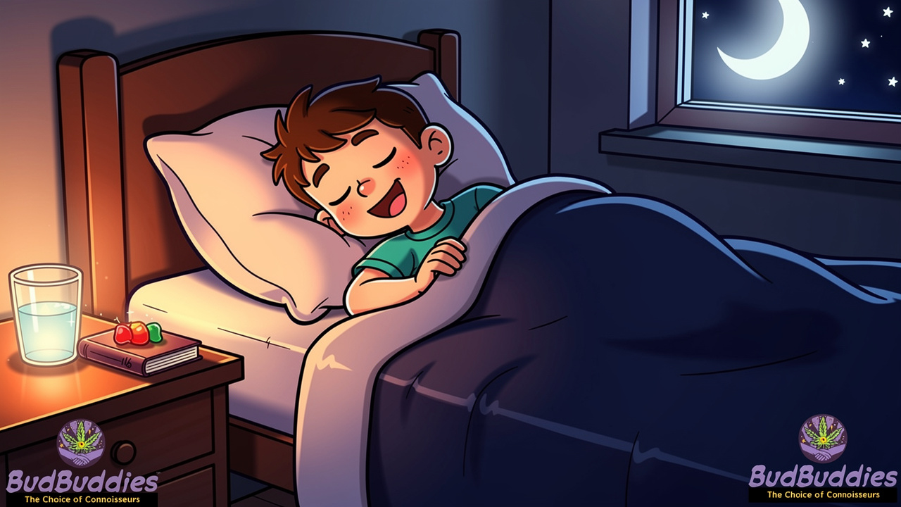Cartoon student sleeping soundly after using a THC gummy