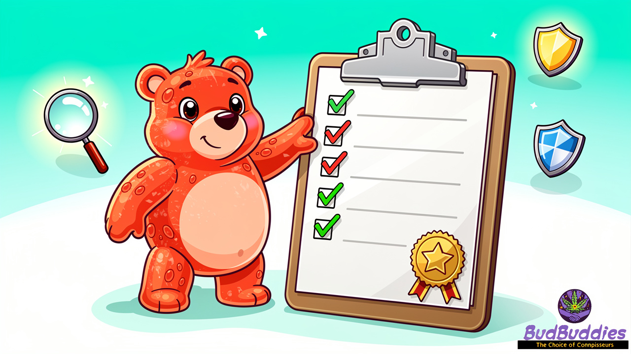 Cartoon gummy bear with certificate of analysis approval badge