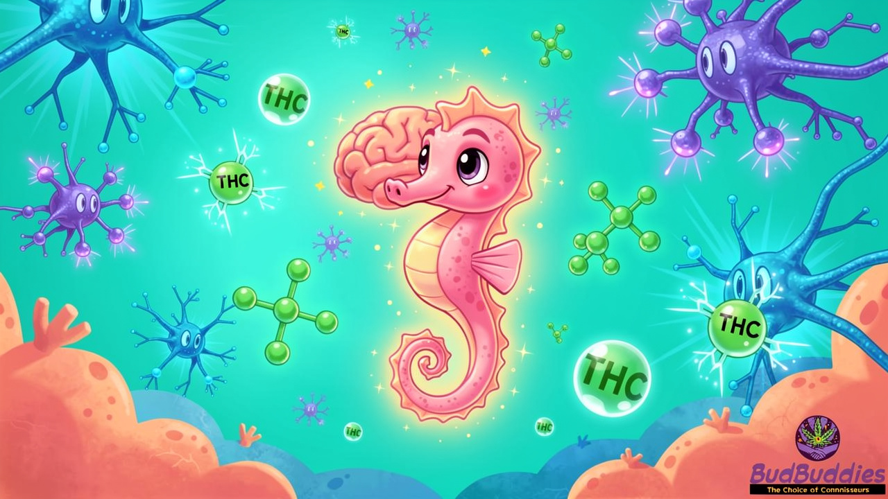 Cartoon hippocampus brain region affected by THC molecules