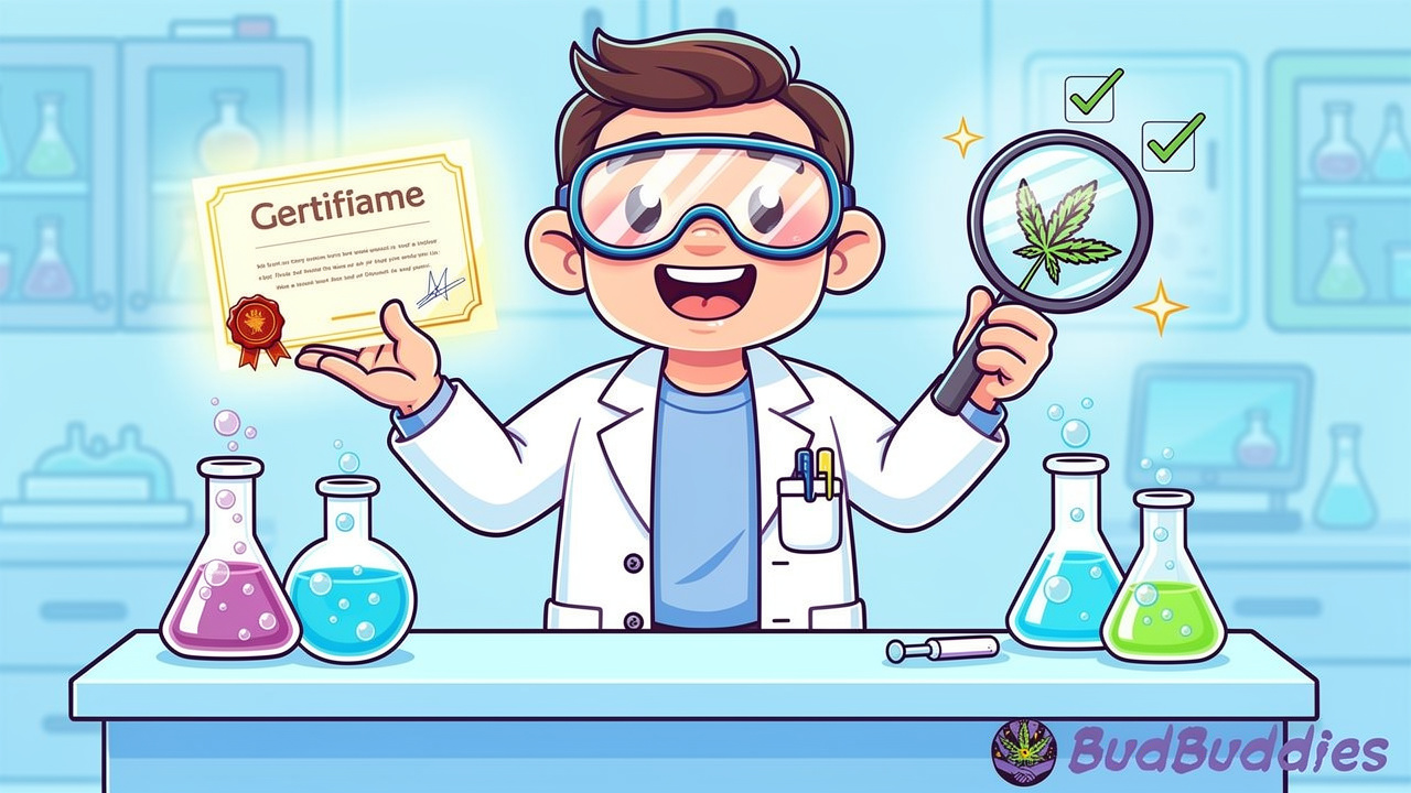 Cartoon scientist verifying THC product quality