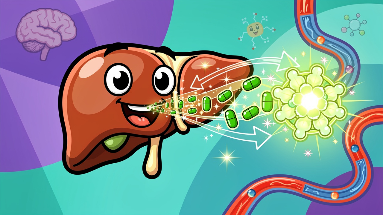 Cartoon diagram showing how the liver converts THC into a stronger form