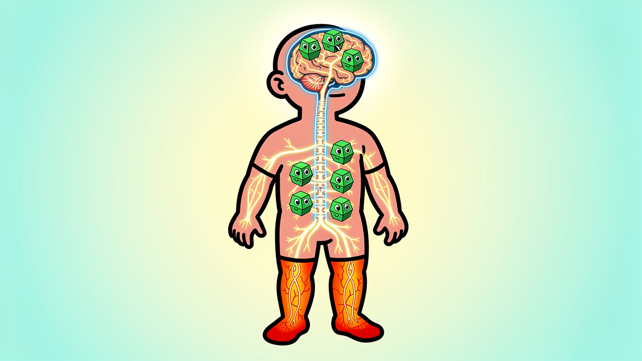 Cartoon diagram of THC affecting nerves and legs