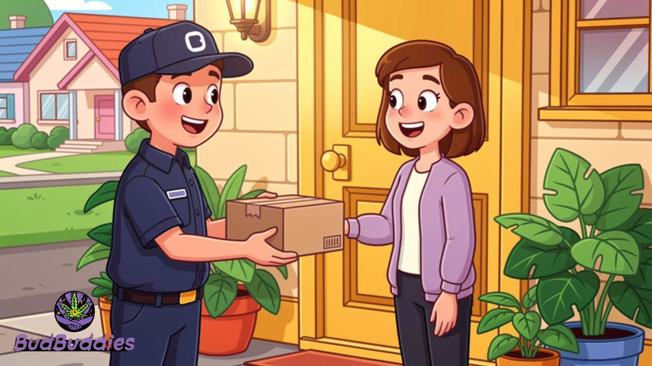 Cartoon courier handing discreet plain parcel to happy customer at door