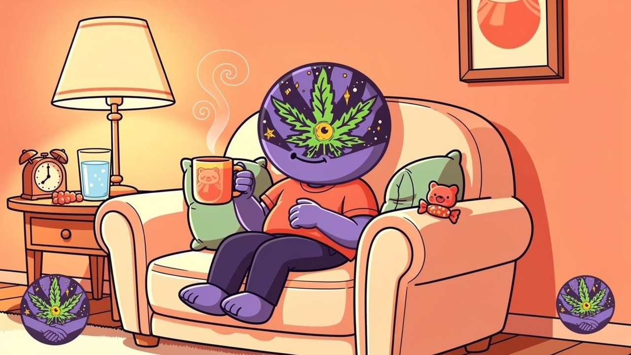 Cartoon character vaping THC oil on sofa with edible gummy nearby