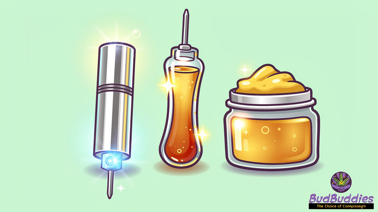 Cartoon of THC oil vape cartridge, syringe and wax concentrate