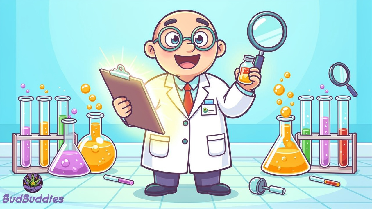 Cartoon scientist testing THC oil samples in a bright laboratory