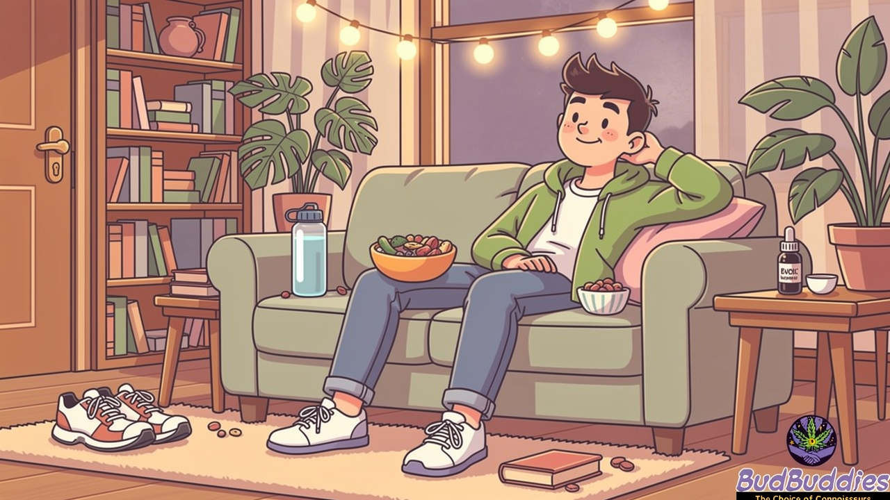 Cartoon student with THC oil as part of self-care routine