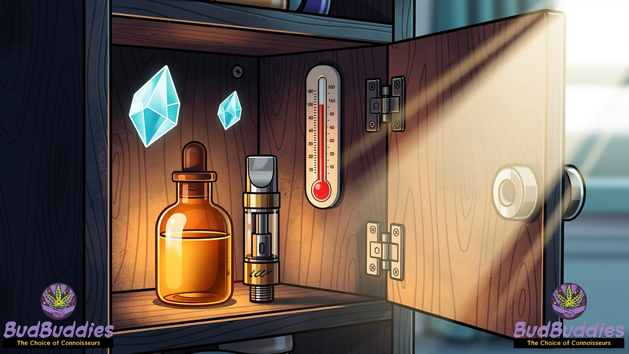 Cartoon showing correct THC oil storage in cool dark cupboard