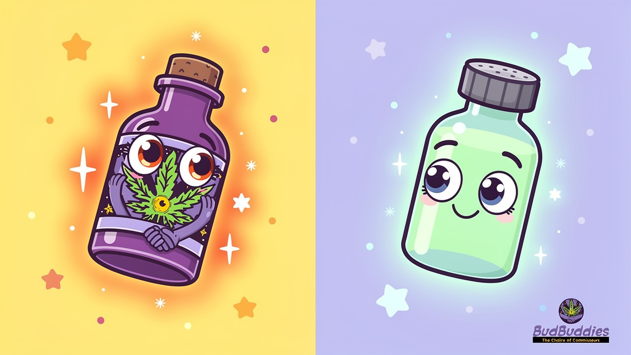 Cartoon comparison of THC oil and CBD oil bottles with expressions