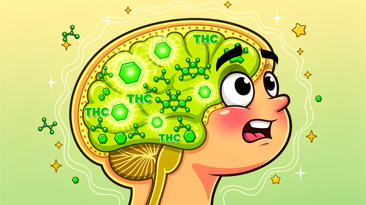 Cartoon brain overwhelmed by THC molecules and receptors