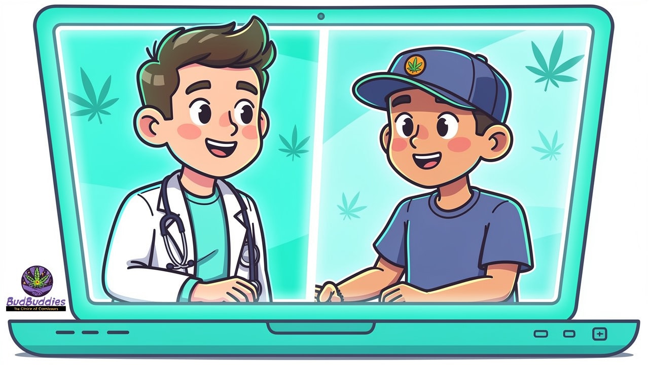 Cartoon student having online medical cannabis consultation