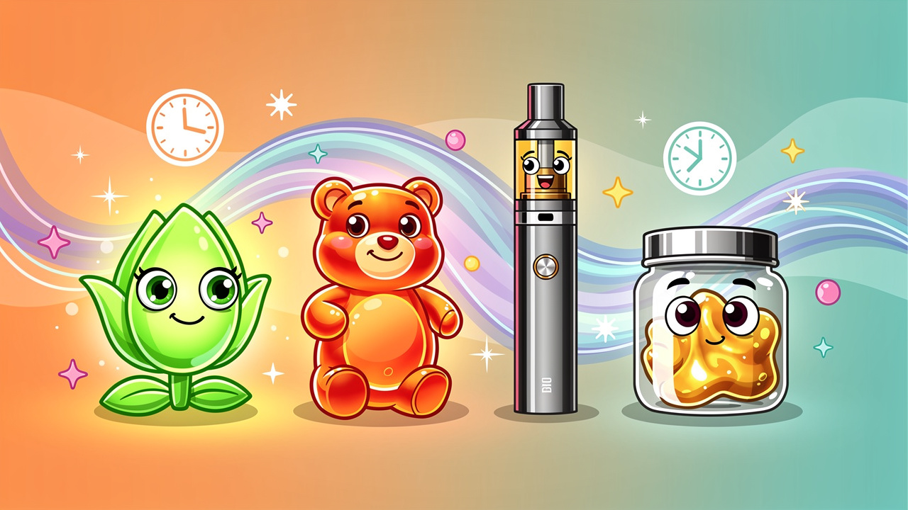 Cartoon THC product formats including flower edibles and vapes