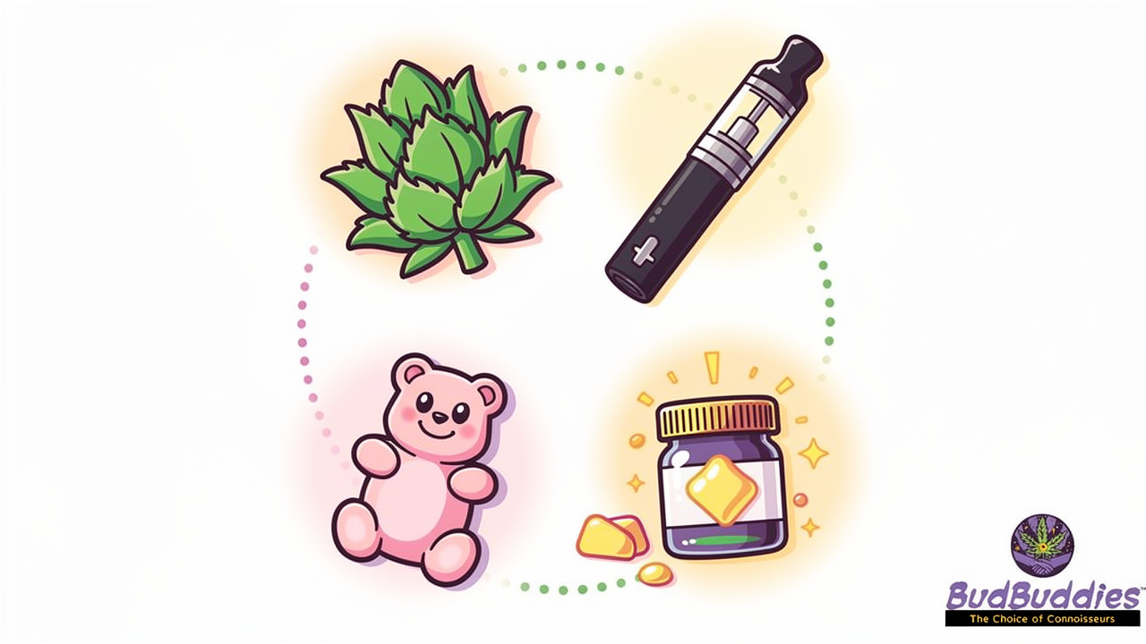 Cartoon icons of THC flower edibles vapes and concentrates