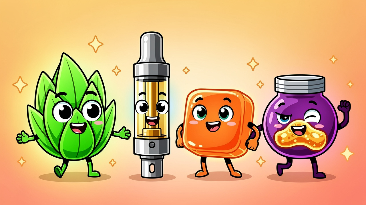 Cartoon cannabis products including flower vape edibles and concentrates
