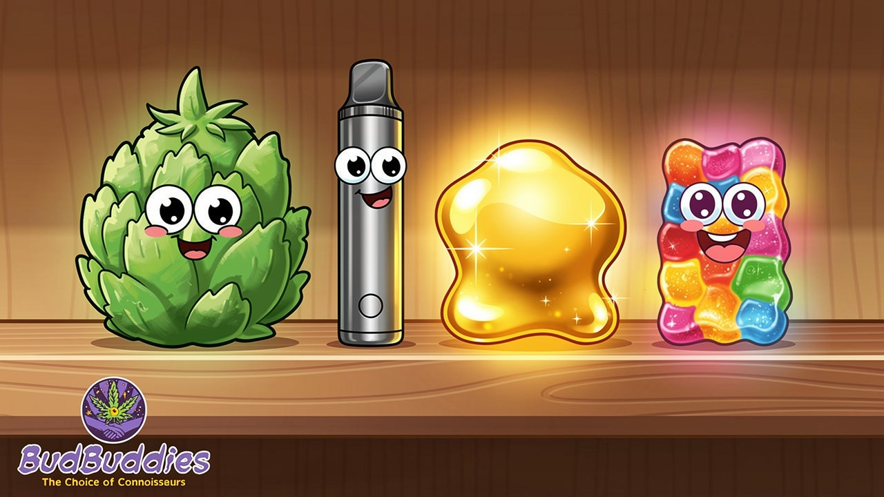 Cartoon illustration of different THC product types