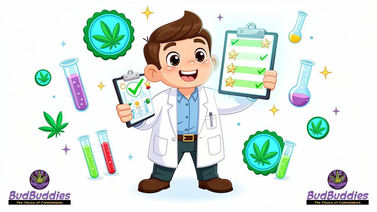 Cartoon scientist verifying cannabis lab certificates of analysis