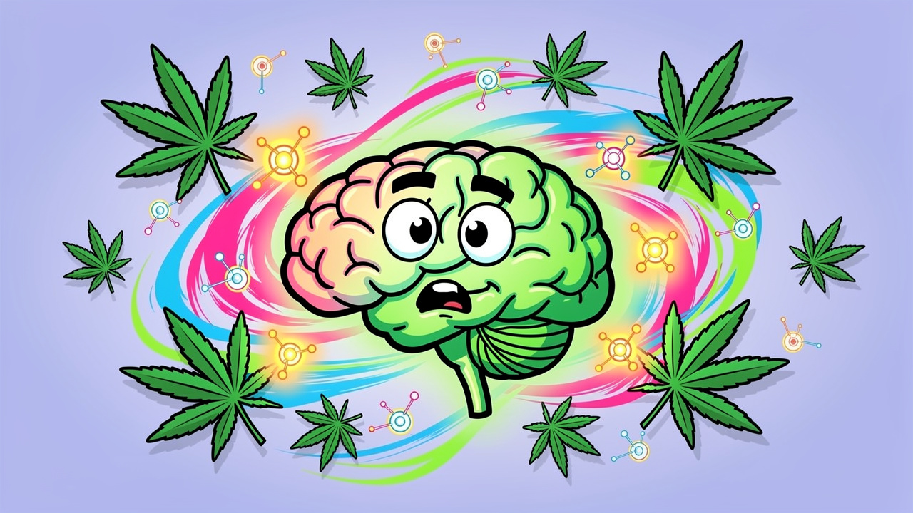 Cartoon illustration of THC flooding brain receptors during green out