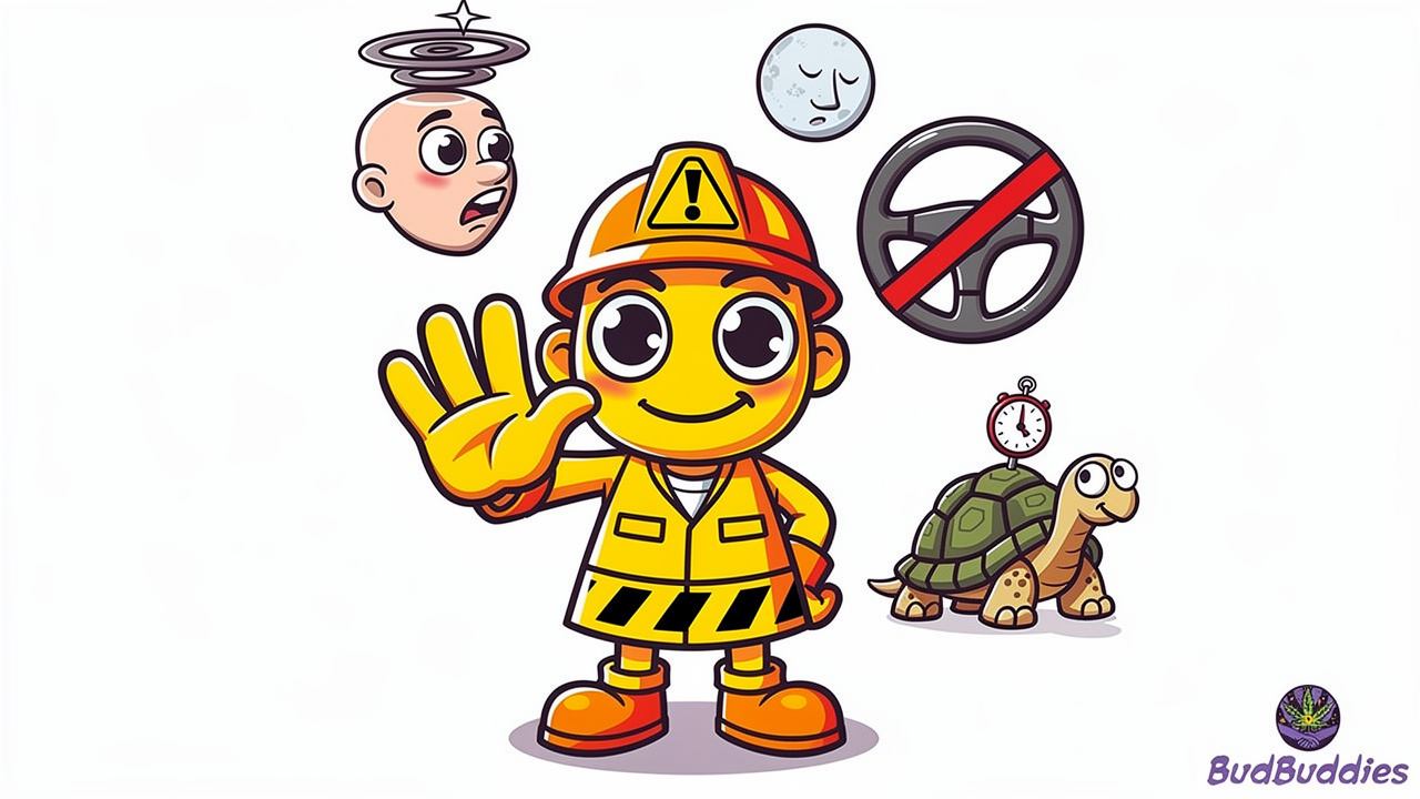 Cartoon illustrating THC safety risks and dosing caution