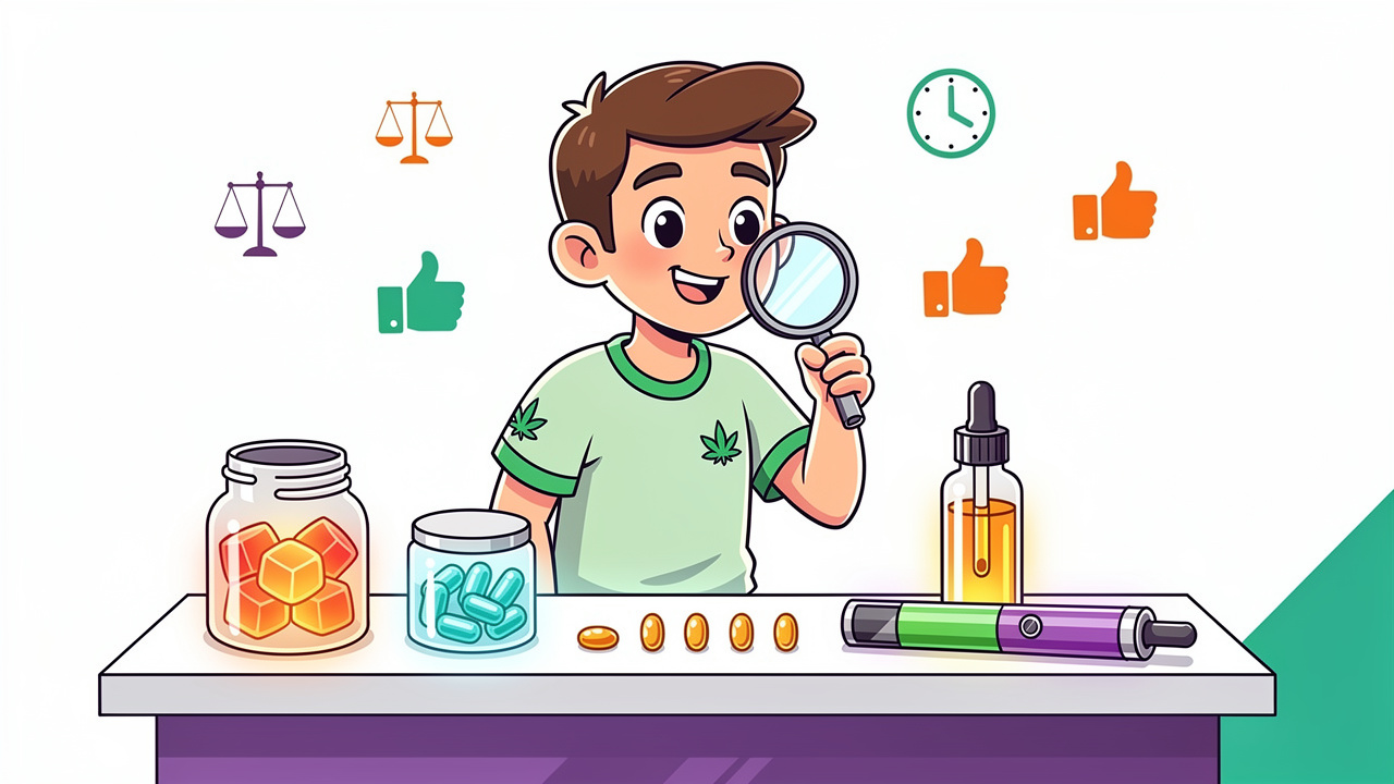 Cartoon character carefully choosing low-dose THC cannabis products