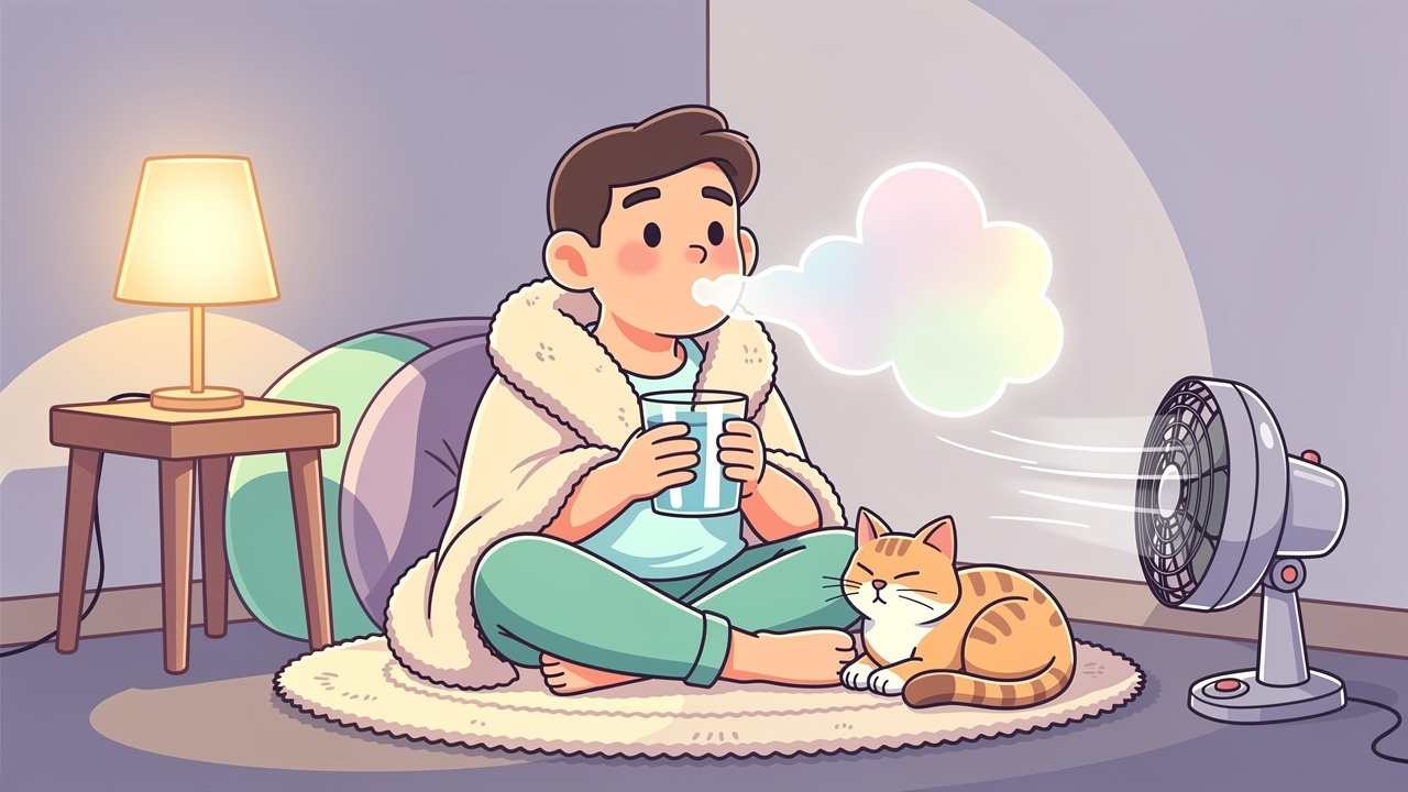 Cartoon character calmly recovering from THC sensitivity with water and breathing
