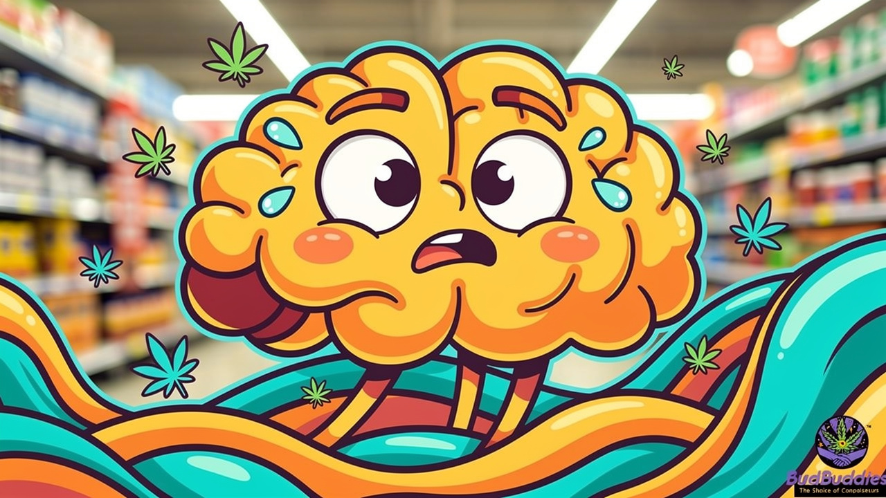 Cartoon brain overwhelmed by sensory input in public space