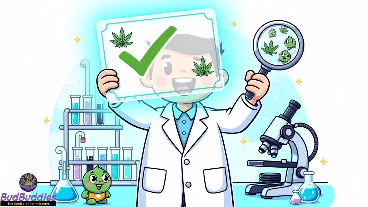 Cartoon scientist checking lab certificates for THC products