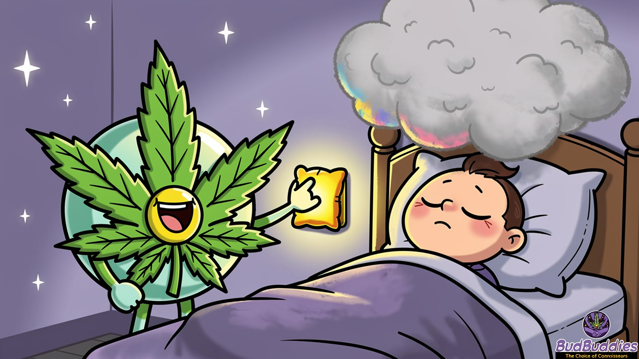 Cartoon cannabis leaf character fading a dream cloud