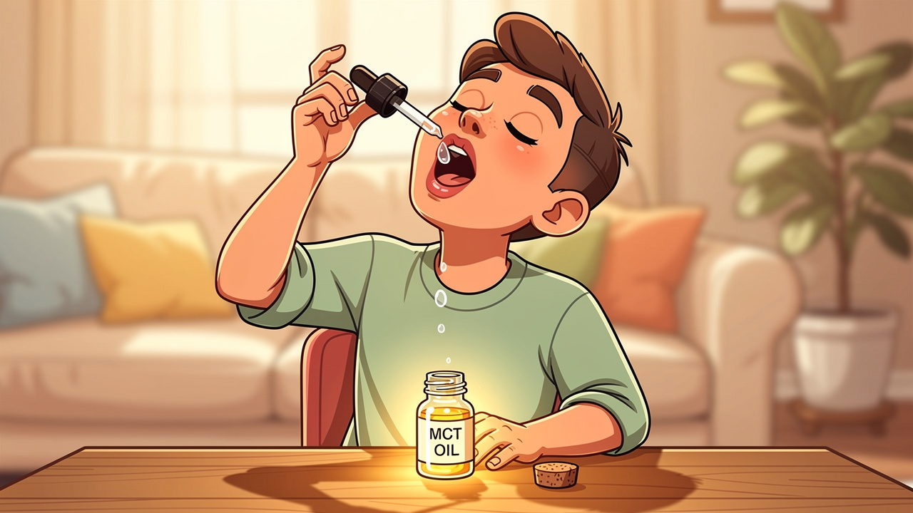 Cartoon character dosing THC tincture under tongue