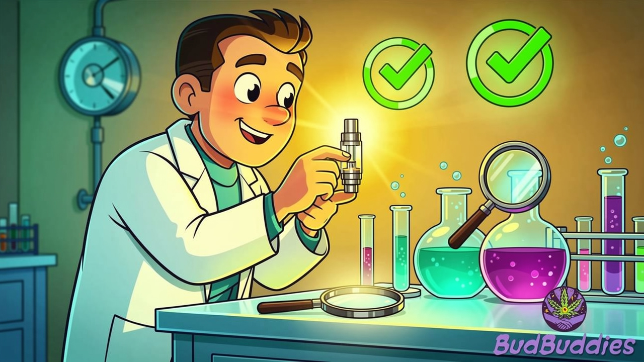 Cartoon scientist checking THC vape lab testing quality