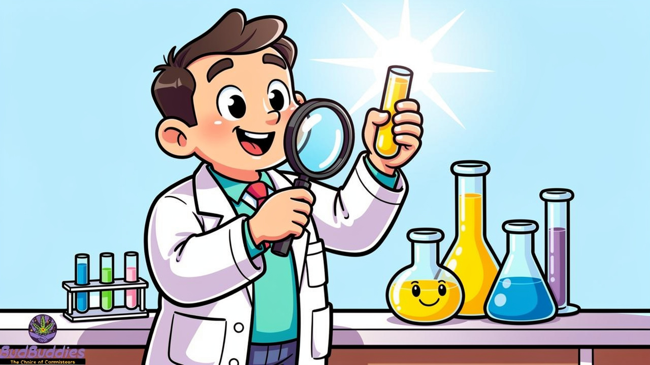 Cartoon scientist checking THC vape quality and lab results