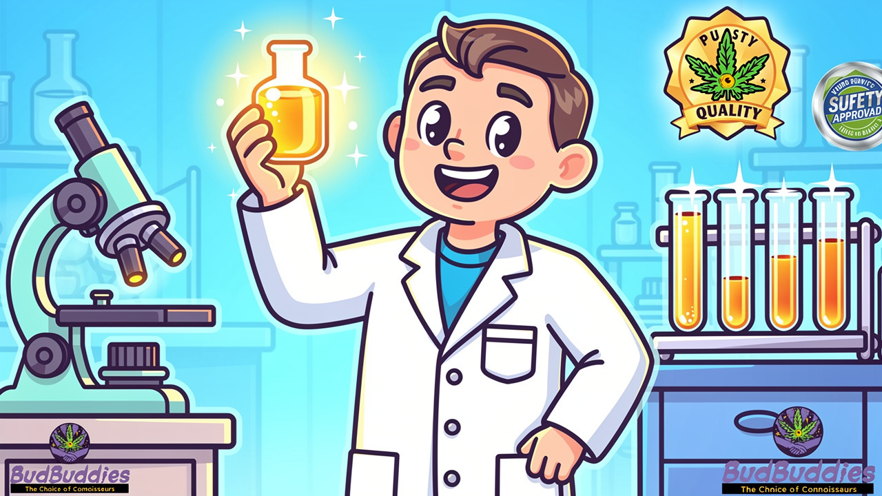 Cartoon scientist checking cannabis oil lab results