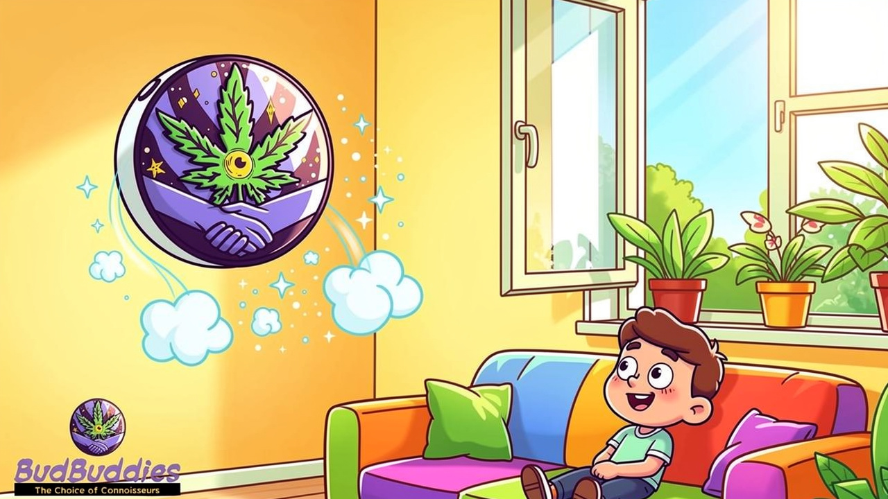 Cartoon character relaxing with vape pen in fresh clean room