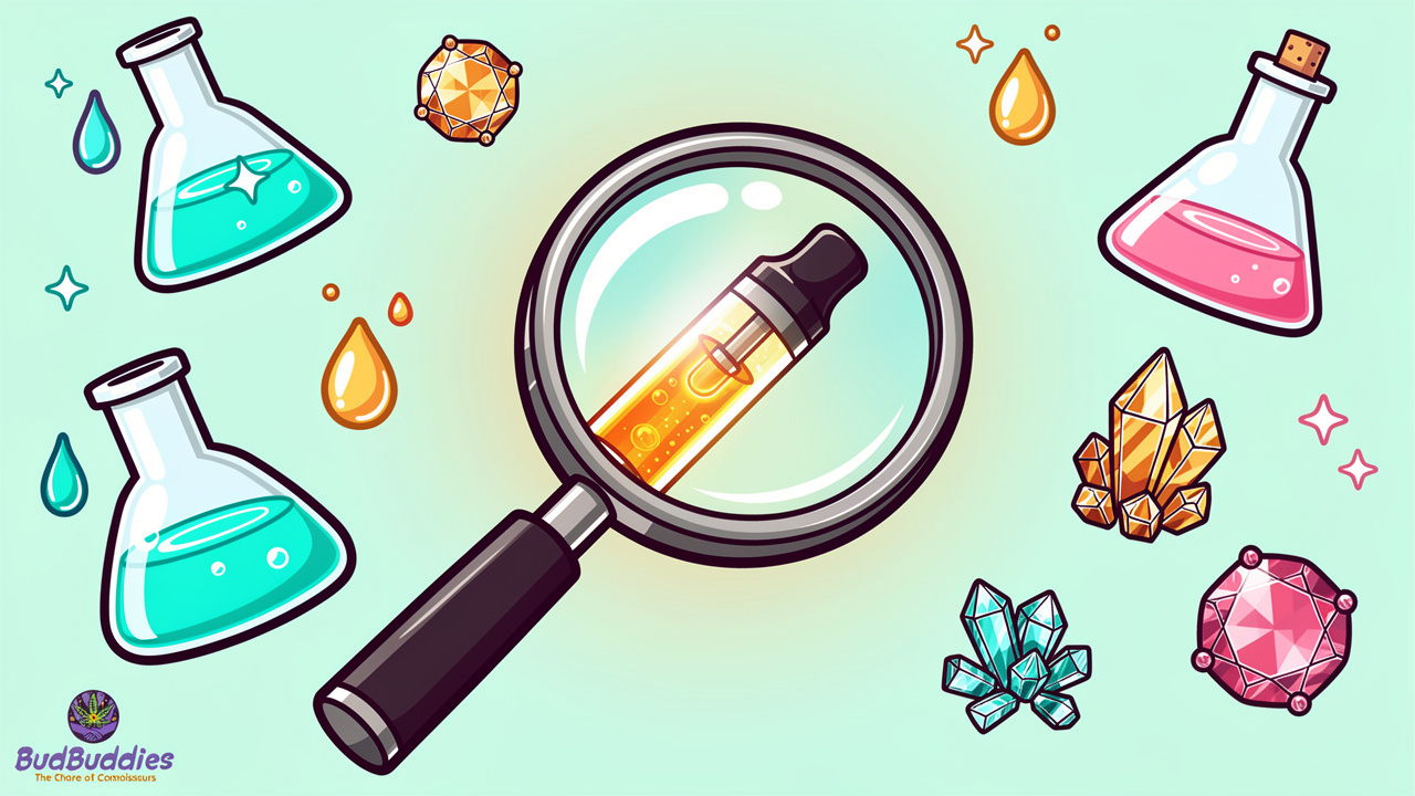 Cartoon magnifying glass inspecting a quality THC vape cartridge