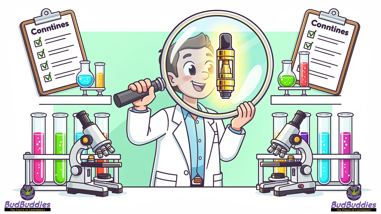 Cartoon lab scientist testing THC vape product quality