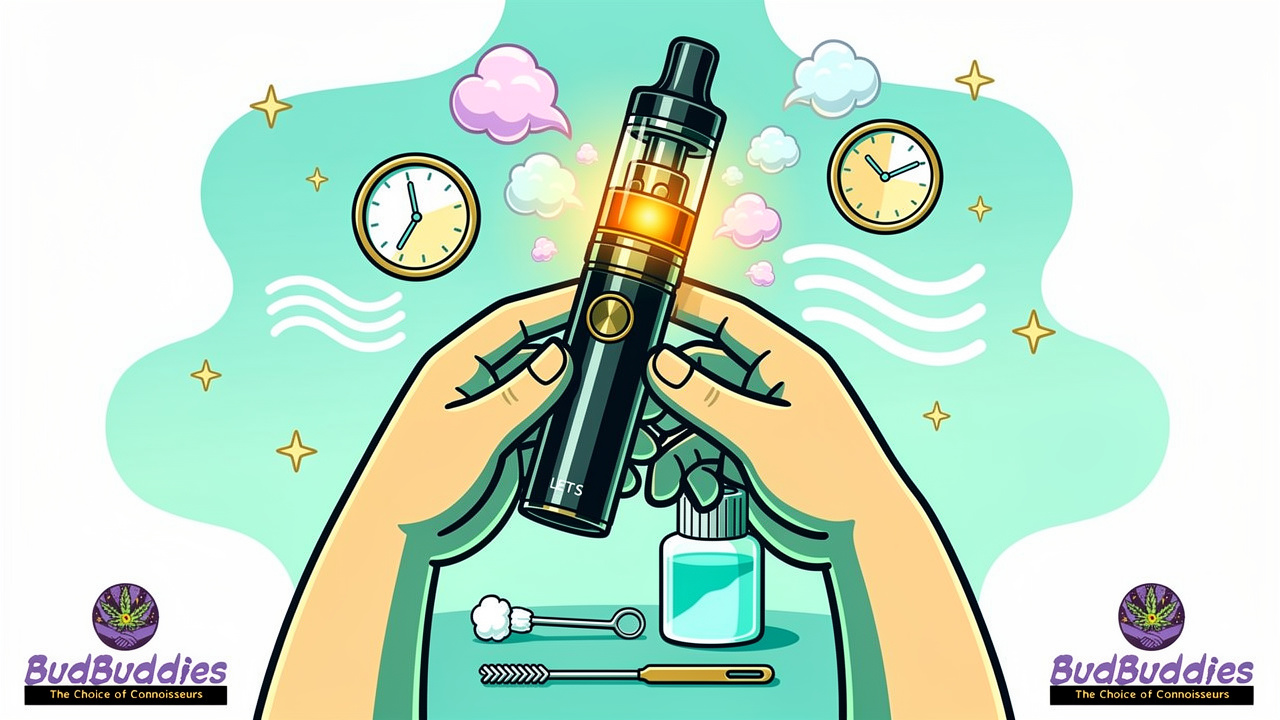 Cartoon hands using vape pen with care and maintenance tools