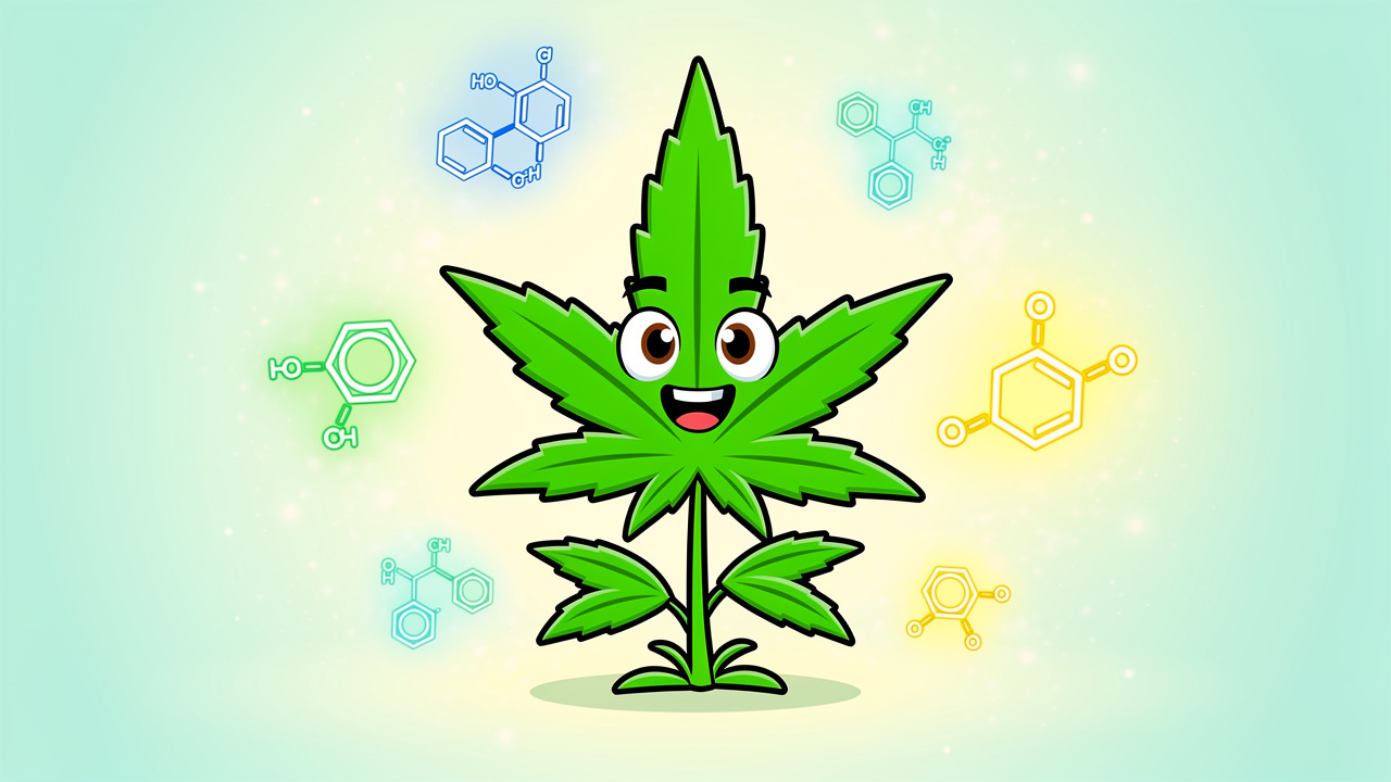 Cartoon cannabis plant surrounded by glowing chemical shape icons