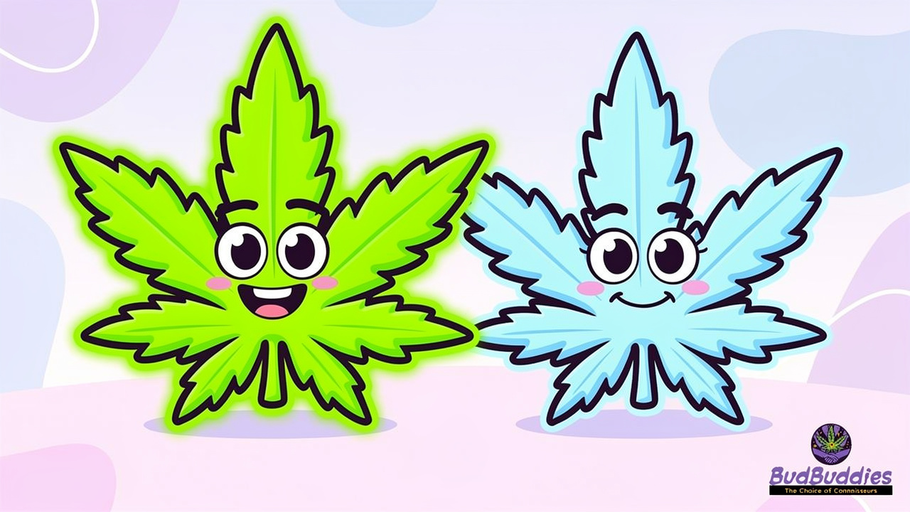Two cartoon cannabis characters representing different effects