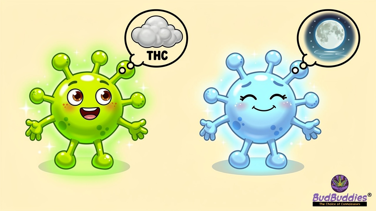 Cartoon comparison of THC and CBD molecule characters