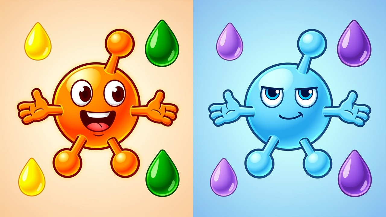 Cartoon THC and CBD molecule characters side by side comparison