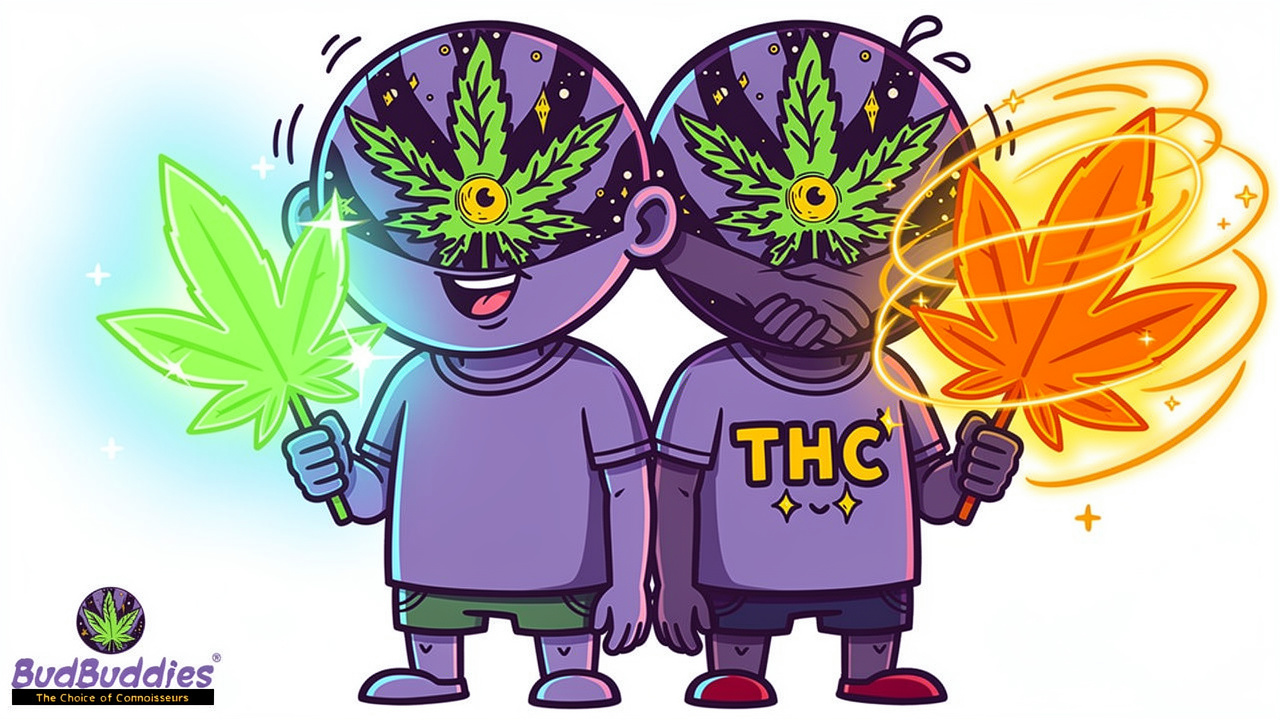 Cartoon comparison of calm CBD and stimulating THC