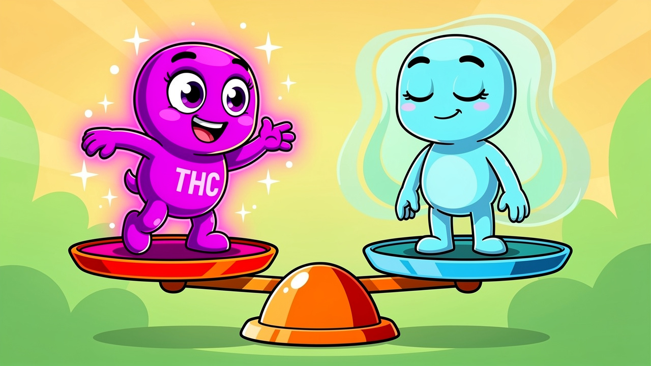 Cartoon THC and CBD characters balanced on a scale