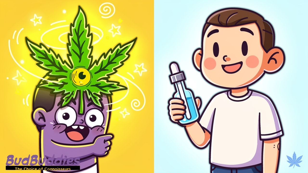 Cartoon comparing THC and CBD effects on exam performance