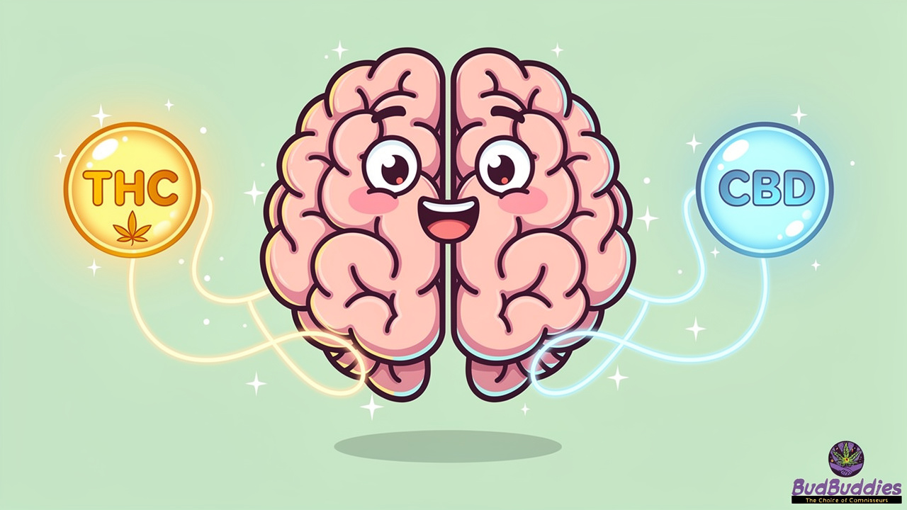 Cartoon brain showing the difference between THC and CBD effects