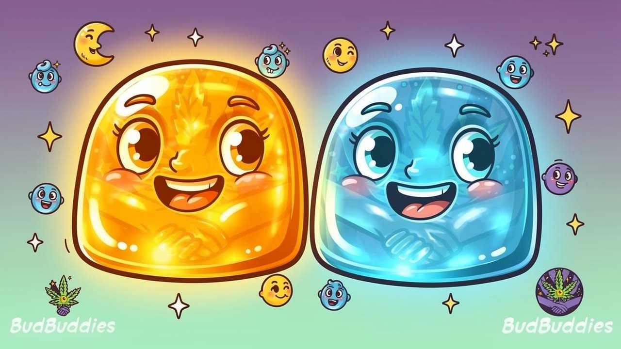 Cartoon comparing THC and CBD gummy characters side by side